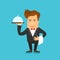 Waiter serving a meal under a silver cloche vector illustration