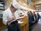 Waiter at sushi restaurant around tsukiji fish market