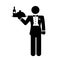 Waiter in tuxedo holding serving tray with metal cloche and napkin vector icon
