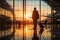 Waiting at the airport, a businessman\\\'s silhouette with a suitcase, travel for business