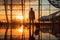 Waiting at the airport, a businessman\\\'s silhouette with a suitcase, travel for business