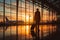 Waiting at the airport, a businessman\\\'s silhouette with a suitcase, travel for business