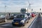 Waiting cars for open bridge Dutch Ketelbrug near Lelystad