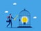 Waiting for the disclosure of knowledge or business secrets. Businessman holding a key to unlock a light bulb in a cage