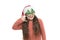 Waiting for miracle. small santa white background. merry christmas. winter brings joy. happy child in party glasses. new