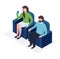 Waiting place, female hold coffee cup man sitting soft armchair, people together await call isometric 3d vector