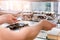 Waitress arranging cakes