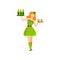 Waitress in Green Irish Traditional Costume with Mugs and Bottles of Beer on Tray, Girl Celebrating Saint Patrick Day