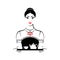 Waitress or maid holding a tray with a cup of coffee or tea and a teapot or coffee pot