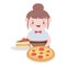 Waitress with pizza and piece ckae in dish cartoon character