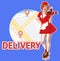 Waitress with plate on roller skates. Red dress. Diner waitress. App map on background. Gps tag. Delivery concept, Vector image