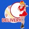 Waitress with plate on roller skates. Red dress. Diner waitress. App map on background. Gps tag. Delivery concept, Vector image