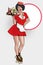 Waitress with plate on roller skates. Red dress. Diner waitress. Vector image