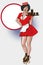 Waitress with plate on roller skates. Red dress. Diner waitress. Vector image