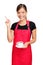 Waitress pointing holding coffee