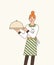 Waitress serving dish flat vector illustration. Young female waiter wearing apron and holding tray with lid cartoon