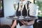 Waitress with a tray of flute of champagne