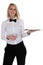 Waitress waiter female blond young woman serving with tray restaurant job isolated