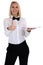 Waitress waiter female blond young woman serving with tray restaurant job thumbs up isolated