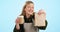 Waitress, woman and happy with coffee takeaway in bag with service, promo or advertising order option with smile