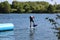 Wake-boarder almost touch down at Cergy water amusement park, France