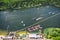 Wake cable park on lake Wakeboarding in the city aerial drone photo