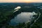 Wake cable park on lake Wakeboarding in the city aerial drone photo