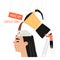 Wake up and coffee time concept. Surrealistic vector illustration with a man pouring coffee into a gigantic head