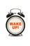 Wake up, discounts time. Sale design template with alarm clock. Wake up