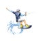 A wakeboard sportsman jumping on the wave watercolor illustration. Hand drawn athletic active man holding the rope after the wake