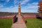 Wakefield, Michigan - October 18, 2019: Trail of the Whispering Giants totem pole statue on Lake Superior by artist Peter Wolf