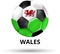 Wales card with soccer ball in colors of national flag.