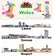 Wales cities, countries and country boroughs map and Welsh largest cities skylines icons. All elements separated in editable and d