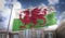 Wales Flag 3D Rendering on Blue Sky Building Background