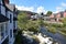 Wales, Llangollen. The rriver Dee flows to the town bridge.