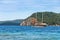 Walk on a beautiful yacht in sea and view on budva riviera from Sveti Nikola island in summertime. Montenegro.