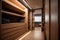 Walk in closet with luxury warm wooden wardrobe, drawer and empty storage decorated with beautiful lighting, modern and minimal
