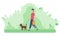 Walk with dog in the woods in the park, a man walks and holds a dog on a leash in a summer garden