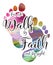 Walk by Faith bible verse with colorful bare feet behind