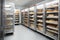 walk-in freezer with shelves of frozen foods in variety of shapes and sizes