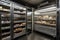 walk-in freezer with shelves stocked with frozen foods and drinks