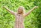 Walk fresh air. Good mood. Summer vacation. Ranch girl. Child smiling girl beautiful long curly hair nature background