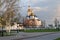 A walk in front of the church in the spring morning