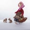 Walk of girl-doll with festive clothing and two rabbits