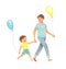 The walk. Hand drawn watercolor illustration of father and son walking. dad with his son walking with balloons