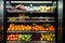 walk-in refrigerator with shelves overflowing with fresh fruit and vegetables