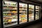 walk-in refrigerator with variety of foods and beverages, including fruits, vegetables, meat, and dairy products