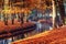 Walk way bridge over river with colorful trees in autumn time