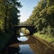 Walker crossing bridge over river in Dutch countryside National Park.