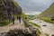 Walker in Gordale Scar near Malham in North Yorkshire